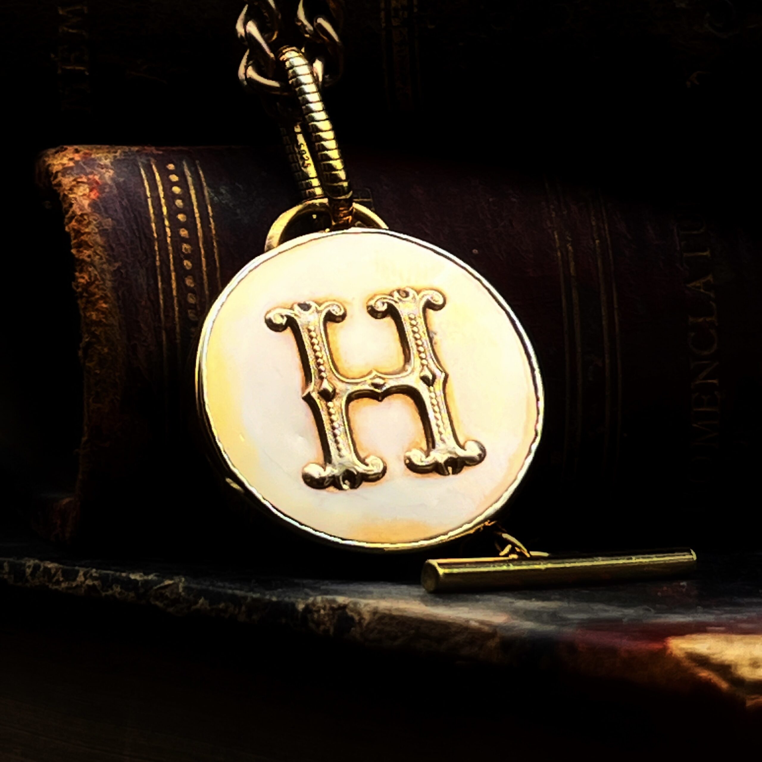 French antique button pendant "Hondrine" French Antique Monogram Button Pendant - Image 4