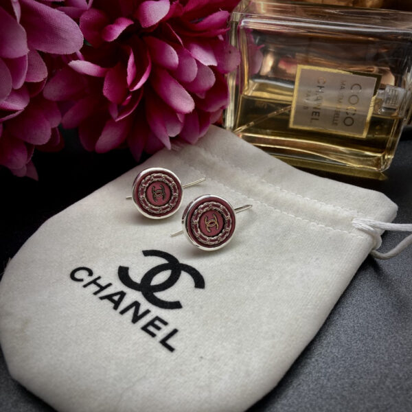 Vintage Chanel button earrings vintage Chanel buttons Pink Chanel Rope earrings Repurposed Chanel Chanel button earrings Chanel button jewelry Chanel button jewellery Silver and pink