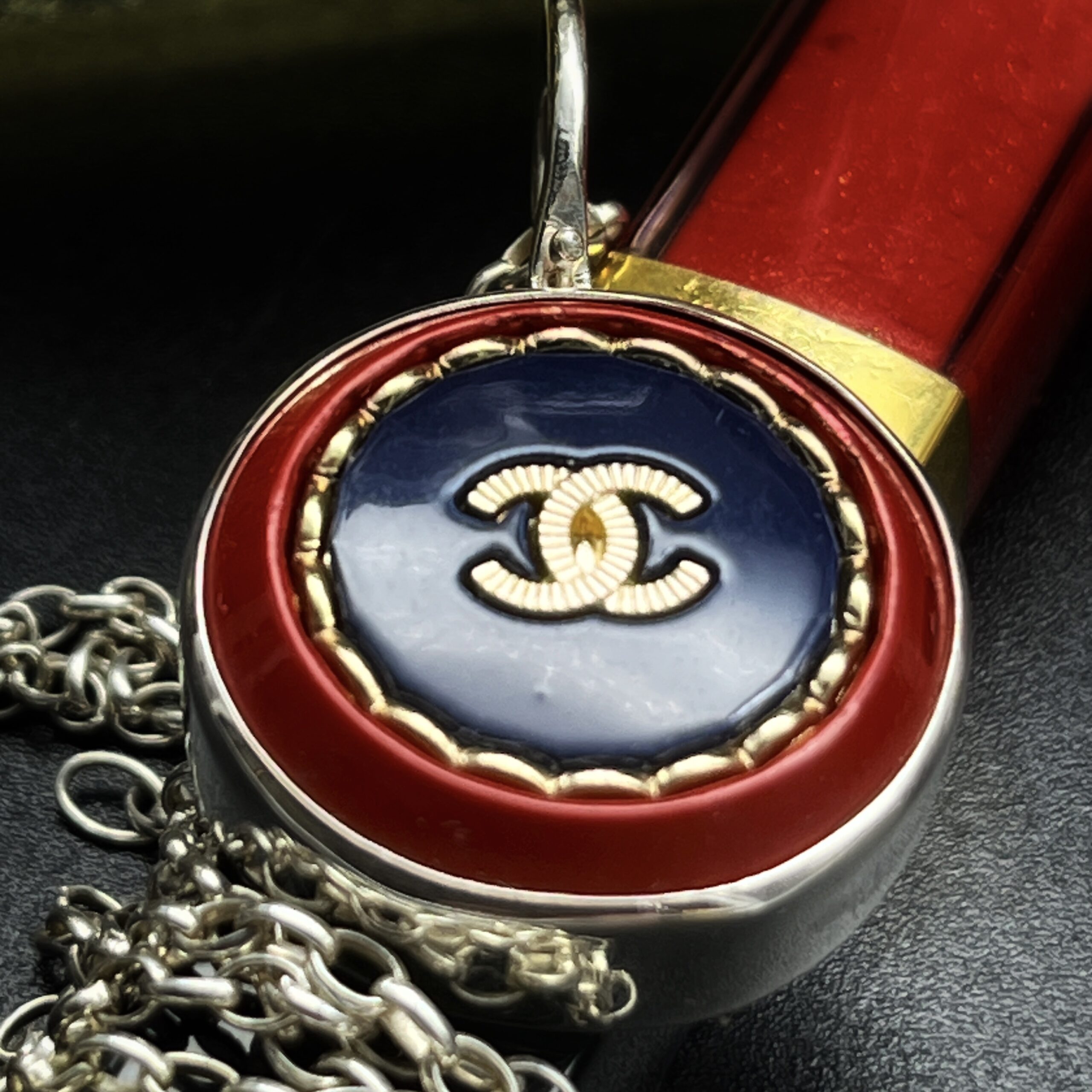 Vintage Chanel Coat Button Pendant "Lou" Vintage Blue and Red Chanel Button Pendant - Image 1