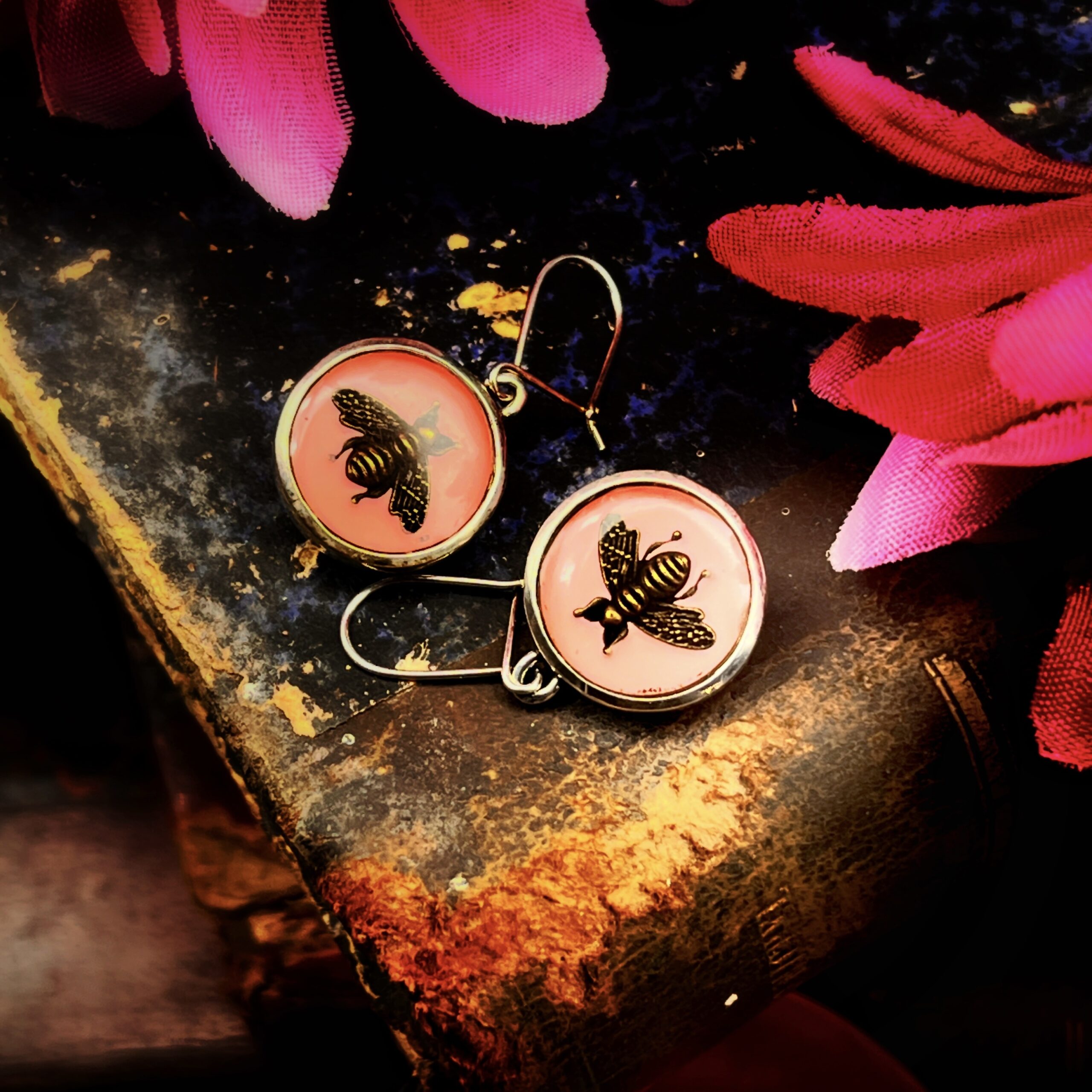 Vintage Gucci Bee Button Earrings "Pascale" Pink Vintage Gucci Bee Button Earrings - Image 1