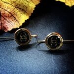 "Annie" Petite Black Gold Chanel Button Earrings - Image 7