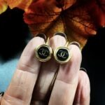 "Annie" Petite Black Gold Chanel Button Earrings - Image 8