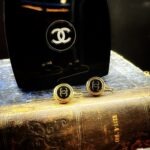 "Annie" Petite Black Gold Chanel Button Earrings - Image 15