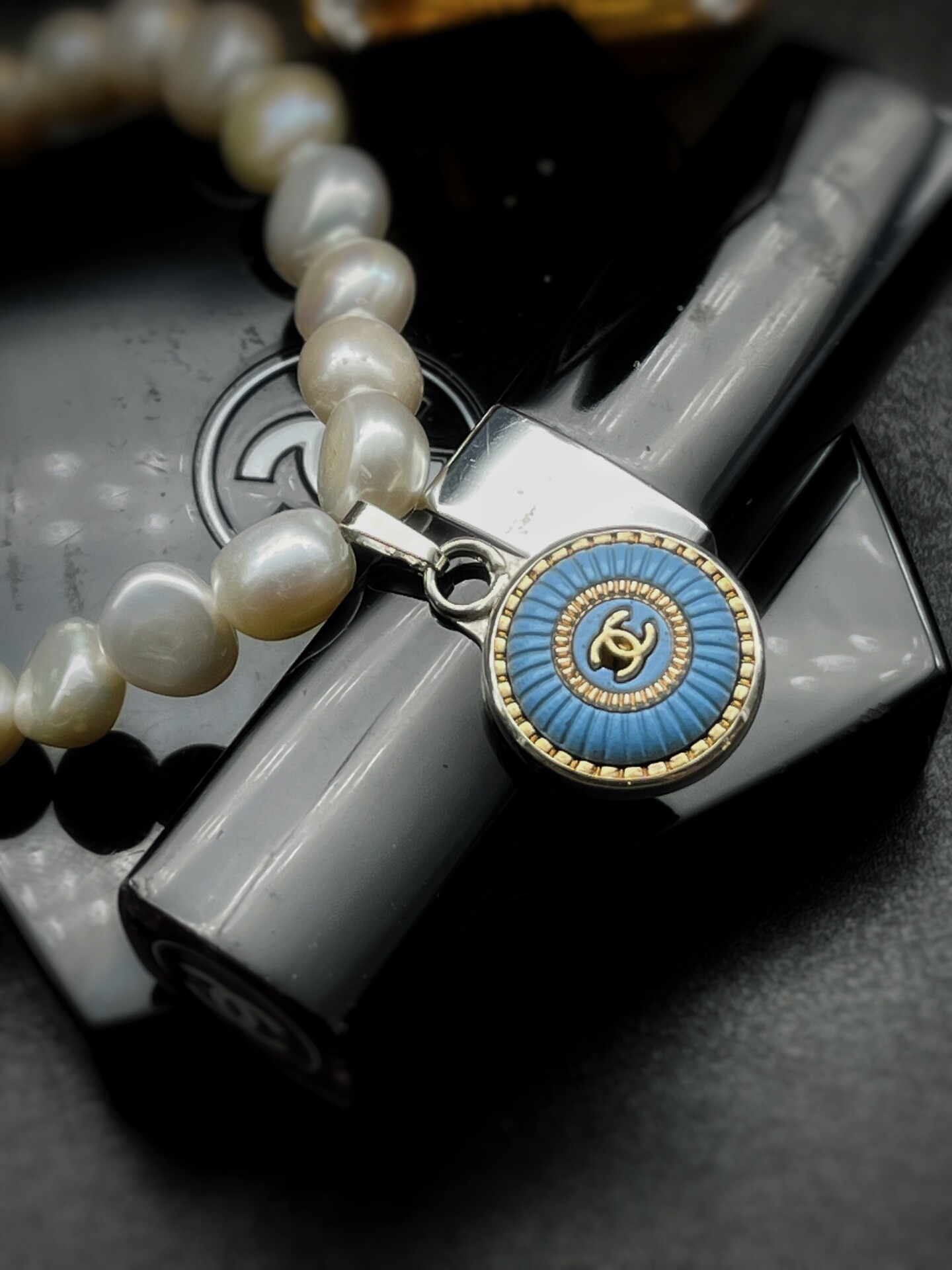 IMG_4248 "Isabelle" Blue Vintage Chanel Button Charm and Pearl Bracelet - Image 1